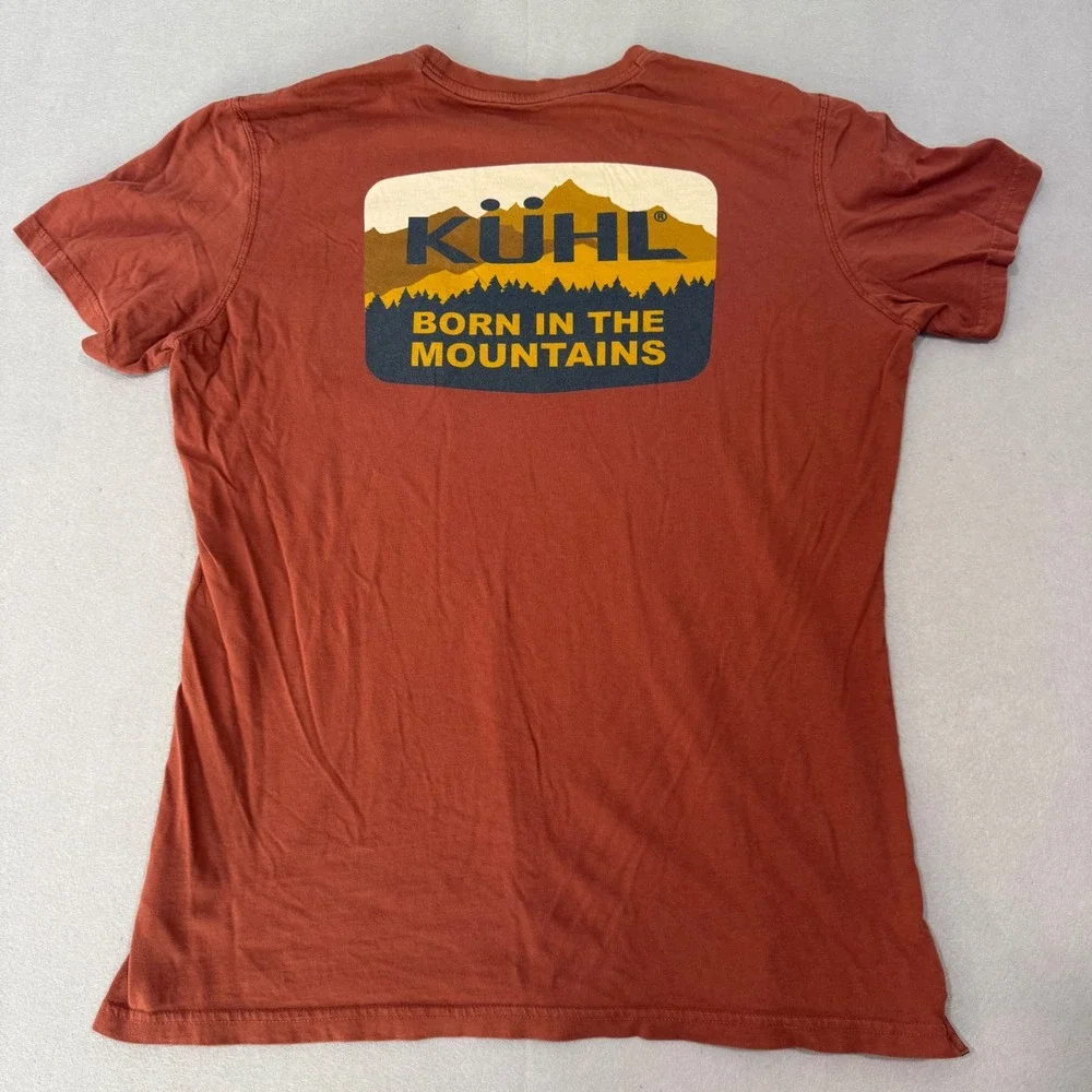KUHL Graphic T-Shirt Women Large Rust Red Born In The Mountains Pocket Tee